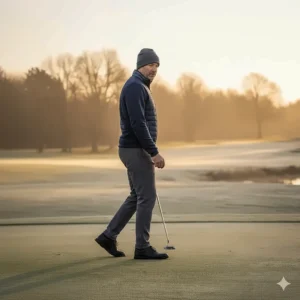 Side view showing the modern tapered fit of the winter golf pants, which prevents fabric from interfering with the ankle or shoe.