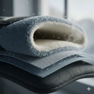 Close-up view of the multi-layer thermal insulation material used in high-performance soccer gloves to keep hands warm during cold weather matches.