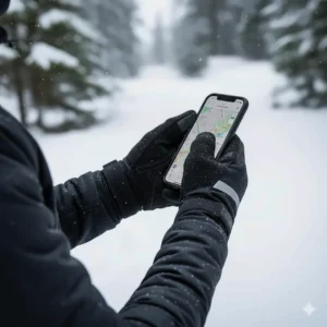 Cyclist using a smartphone with touchscreen-compatible cold weather bike gloves on the index finger.