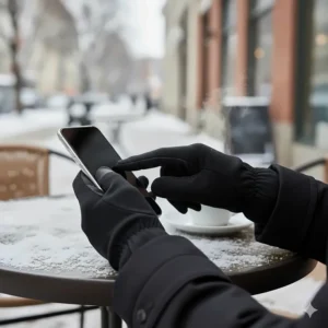 Person using a smartphone while wearing touchscreen-compatible gloves designed for cold weather use without removing the hand protection.
