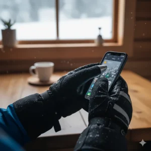 Fingertips of waterproof cold weather gloves shown using a smartphone screen (touchscreen compatible feature).