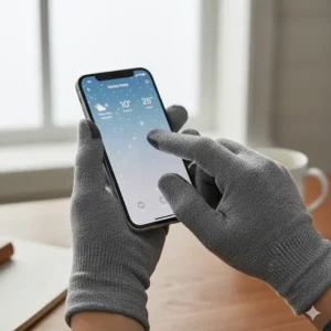 Hands using a smartphone while wearing touchscreen-compatible glove liners, showing fingers touching the screen.