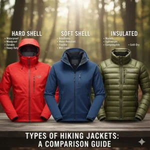Comparison table showing the features, weight, and best use-case for the top types of hiking jackets.