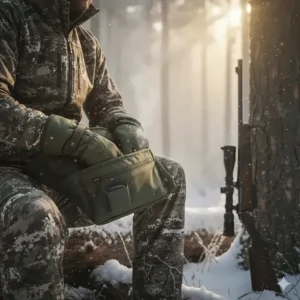Hunter using an insulated hand muff with pockets for hand warmers, a popular alternative to the best cold weather hunting gloves for long sits.