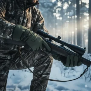 Hunter wearing convertible glomitts, the warmest option for extreme cold weather hunting, offering protection and finger access.