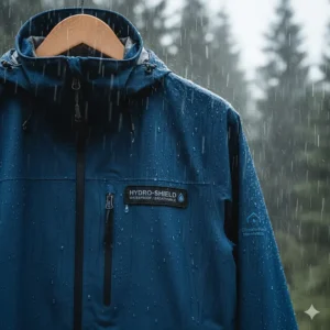 A waterproof and breathable jacket, using a high-performance membrane, necessary for staying dry while hiking in cold and snowy conditions.