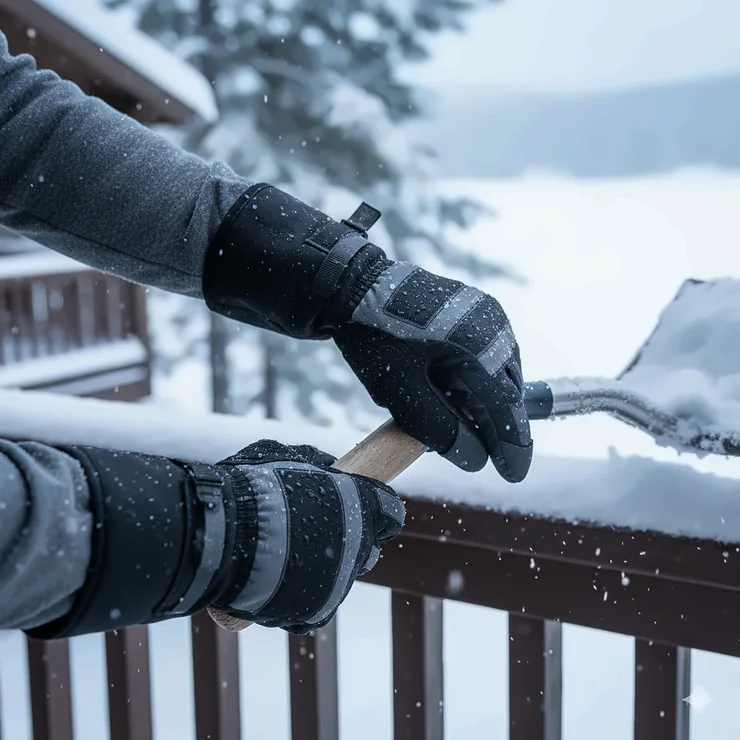 Durable waterproof cold weather gloves protecting hands while working outdoors in the snow.