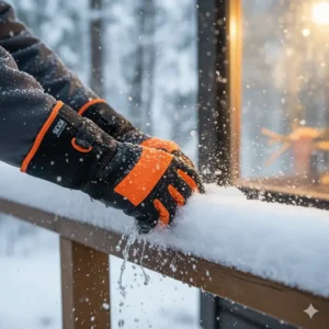 Worker wearing waterproof cold weather work gloves to stay dry and warm while clearing snow.
