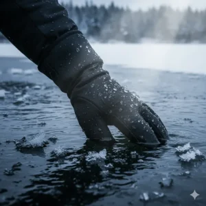 Waterproof fishing gloves with a thermal lining, shown protecting a hand submerged in icy water.