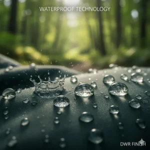 Close-up shot of water beading up on a highly waterproof hiking jacket thanks to durable water repellent (DWR) finish.