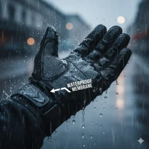 Close-up of a hand wearing a waterproof motorcycle glove in the rain to show the breathable membrane.