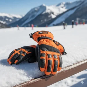 Waterproof ski gloves with a bright shell and reinforced palms, ideal for snowy and wet conditions on the slopes.