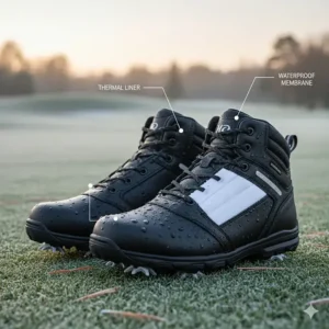 Detailed view of cleated, waterproof golf boots specifically designed for protection and traction in wet, cold conditions.