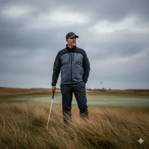 A silhouette of a golfer standing against a visibly windy background, emphasizing the windproof performance of the specialized golf wear.