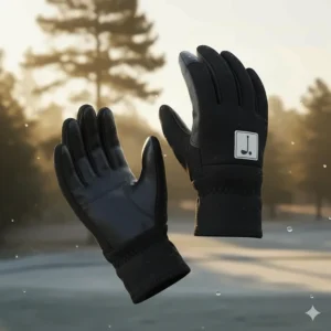 A pair of specialized winter golf mittens or cold-weather gloves for keeping a golfer's hands warm between shots.
