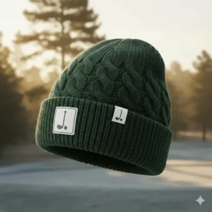 A close-up showing a comfortable, thermal golf beanie hat covering the ears to prevent heat loss.