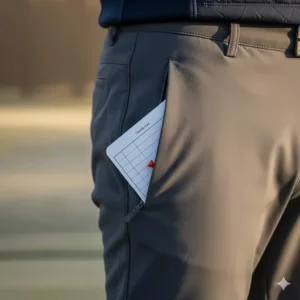 Detail shot of a concealed zippered pocket on the cold weather golf pants, secure for storing a scorecard or golf accessories.