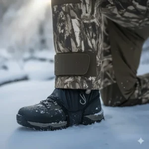 Adjustable ankle cuff system with internal gaiters and reinforced scuff guards, designed to seal out snow and moisture.