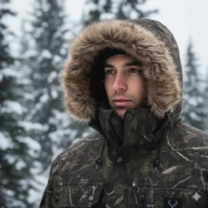 Focus on the adjustable, insulated hood of a cold weather hunting jacket designed for warmth and peripheral vision.