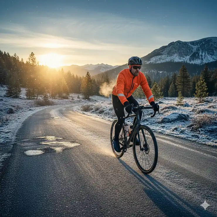 A cyclist riding on a frost-covered road wearing a thermal jacket, windproof tights, and winter cycling accessories. cold weather cycling gear