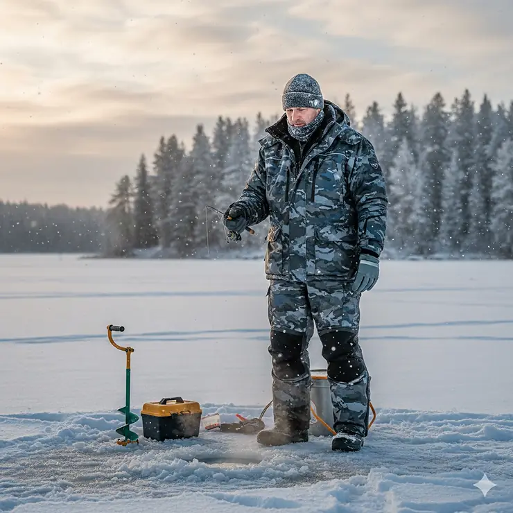 An angler wearing a complete cold weather fishing apparel system, including a waterproof parka and bibs, while fishing on a frozen lake.