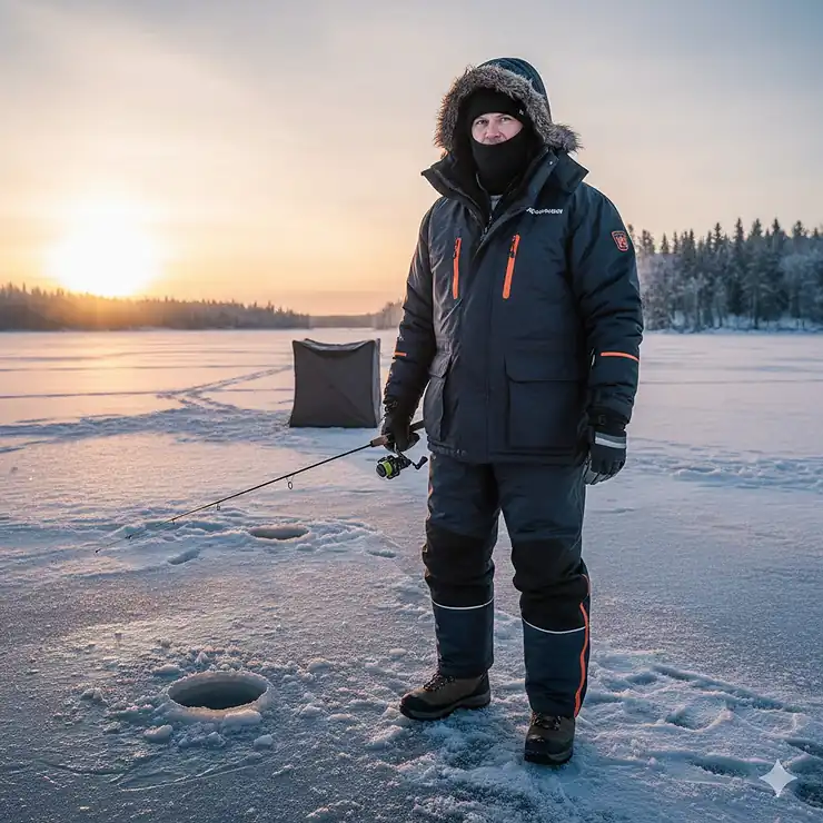 A professional angler wearing a complete cold weather fishing clothing system including a waterproof parka and bibs while fishing in freezing temperatures. cold weather fishing clothes
