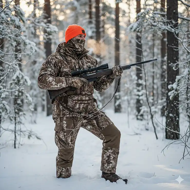 A fully dressed hunter, wearing a camouflage jacket, insulated pants, and warm hat, positioned in a snowy forest. This is the best cold weather hunting gear for late-season success.