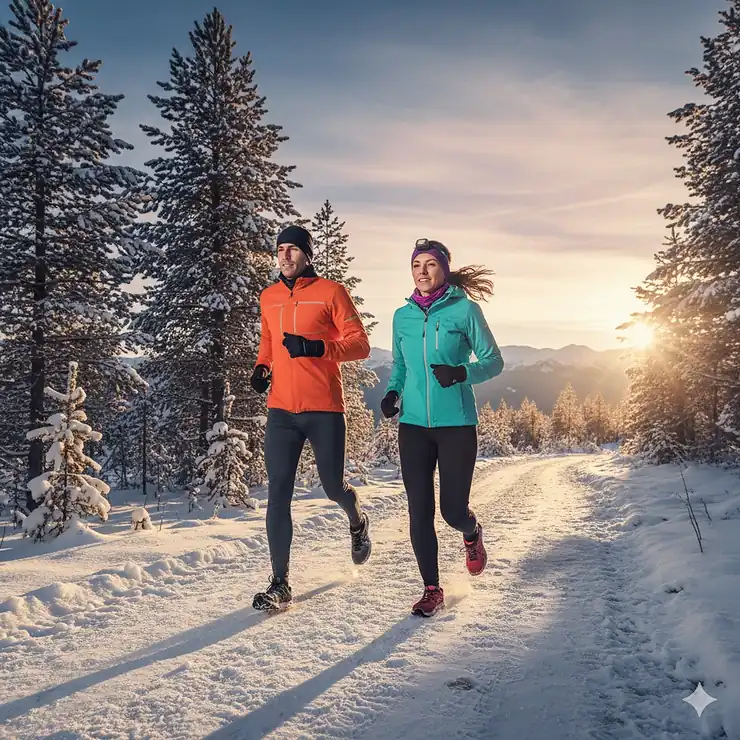 A man and woman running on a snowy trail wearing reflective thermal jackets and winter running leggings. best cold weather running gear
