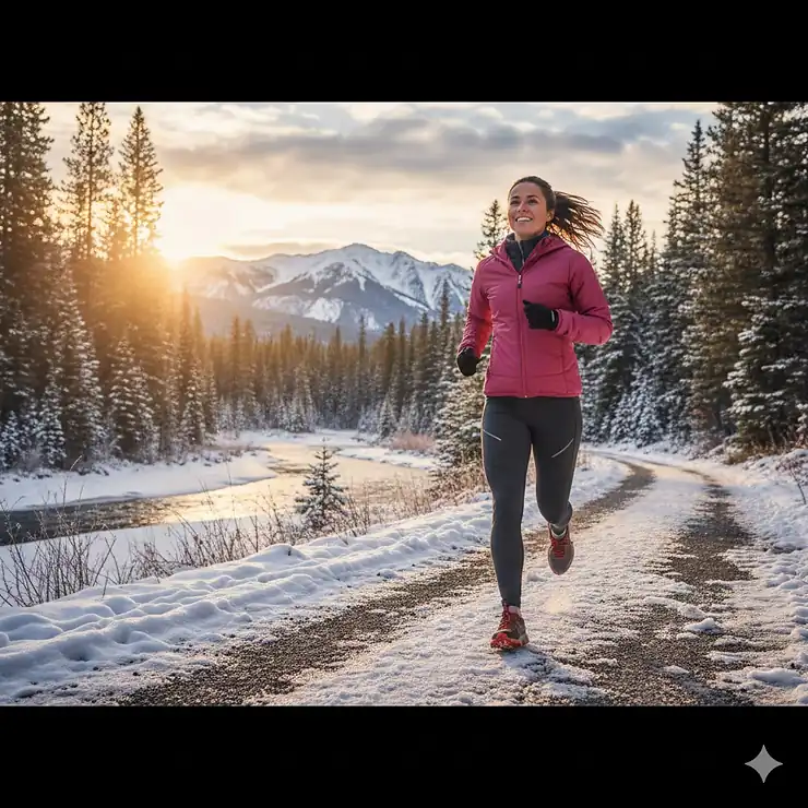 A person wearing insulated cold weather running tights while jogging on a snowy trail during sunrise.