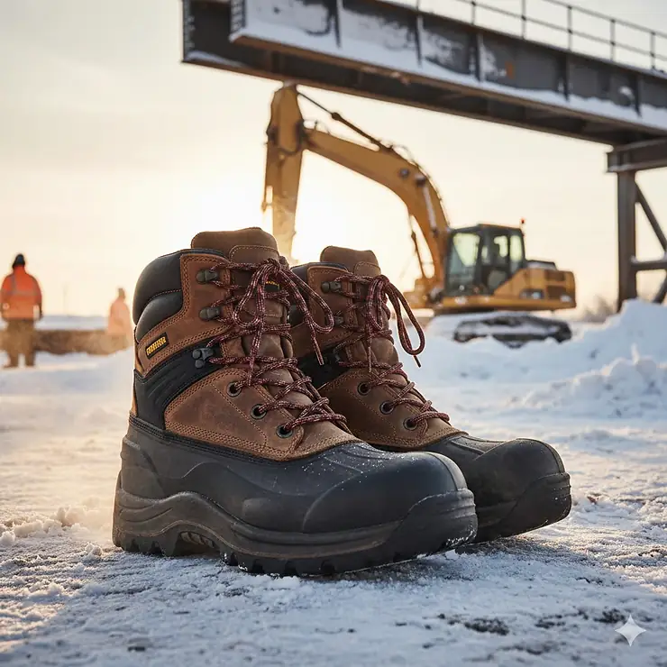 A pair of heavy-duty cold weather work boots on a snow-covered industrial job site.