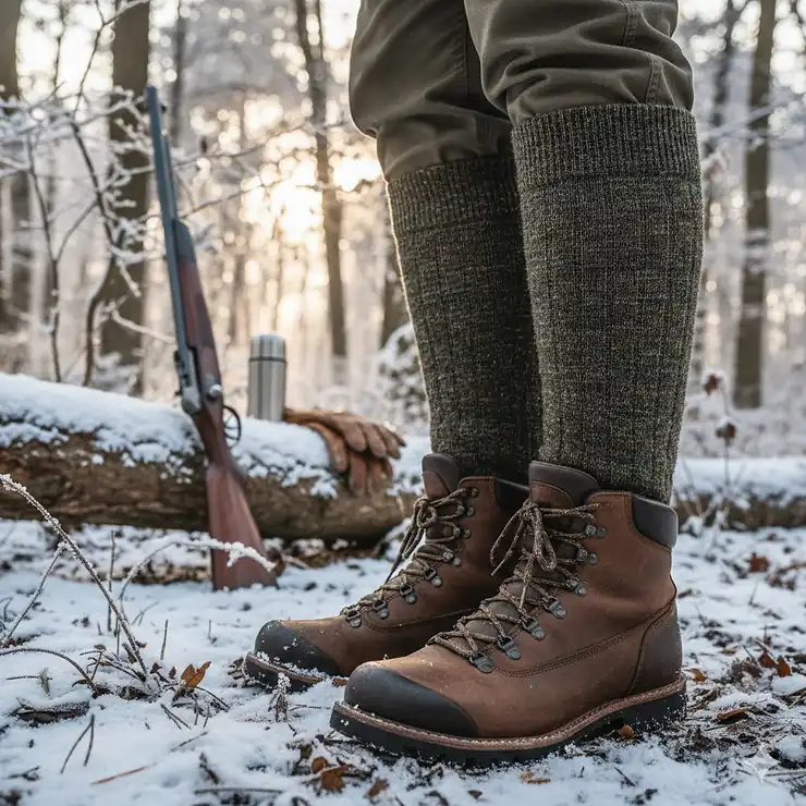 A pair of best hunting socks for cold weather made of merino wool and synthetic blends, shown pulled up over camouflage hunting boots in a snowy, wintry forest.