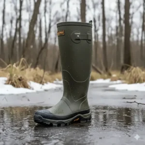 A pair of tall, durable rubber hunting boots specifically chosen for wet and frigid hunting environments.