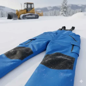 Pair of bright blue, unisex cold weather bibs laid flat, ideal for winter construction or outdoor work.