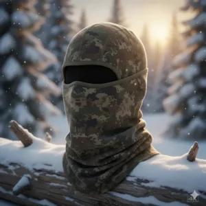 A camouflage balaclava and neck gaiter combination providing essential warmth and concealment for cold weather hunting.