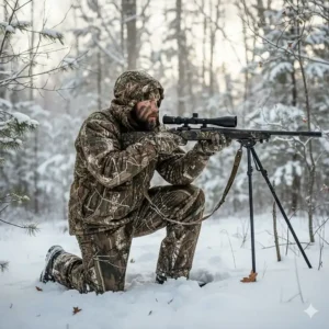 Hunter wearing camouflage cold weather bibs and jacket, kneeling in a forest during a winter hunt.