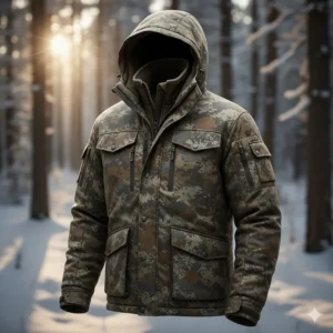 An insulated, silent camouflage hunting jacket with hood, ideal outer garment among cold weather hunting clothes.