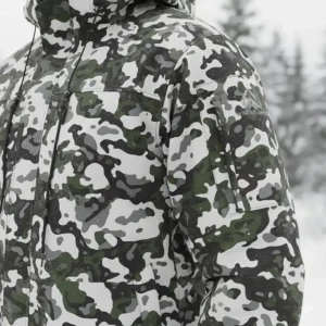 Example of a winter camouflage pattern on the exterior of a cold weather hunting jacket for effective concealment.