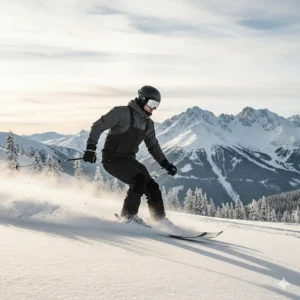 A man wearing durable, black, insulated cold weather bibs while skiing down a snowy mountain slope.