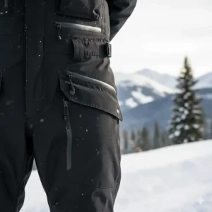 Detail of the large, easily accessible thigh pockets and chest pocket for storage on the cold weather bibs.