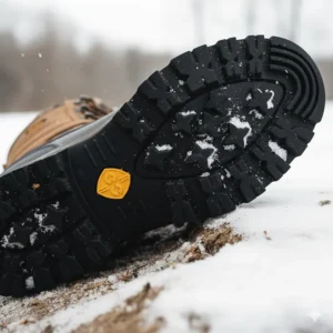Detailed view of the deep, aggressive tread and traction pattern on the outsole of a high-performance cold weather hunting boot.