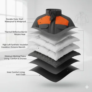 Diagram showing the multi-layer thermal insulation used in heavy-duty cold weather coveralls.
