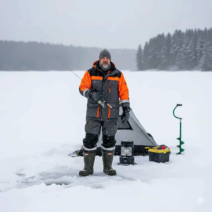 An angler fully equipped in cold weather fishing gear standing on a frozen lake with a fishing rod.