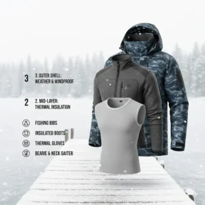 Infographic showing the three-layer system for cold weather fishing apparel: base, mid, and outer shell layers.