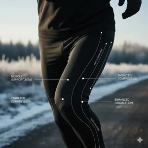 Graphic showing the muscle support and compression fit of premium cold weather running leggings.