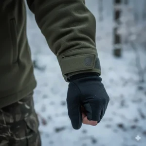 Close view of the adjustable cuff and integrated thumb-hole design on the sleeve of the hunting shirt to keep hands warm and sleeves in place.