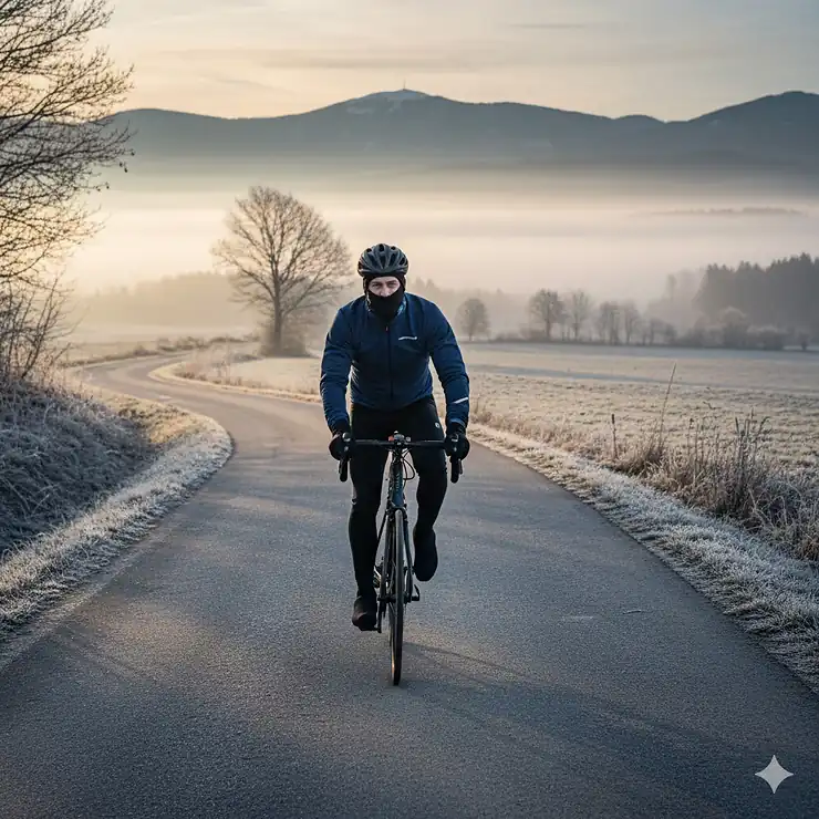 A cyclist wearing a thermal jacket, winter bib tights, and gloves riding on a misty road during winter. cycling clothing for cold weather