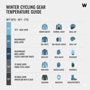 An infographic chart recommending specific cycling clothing for different cold weather temperature ranges.