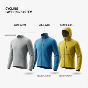 An illustrated guide to 3-layer cycling clothing including a moisture-wicking base layer, insulating mid-layer, and waterproof outer shell.
