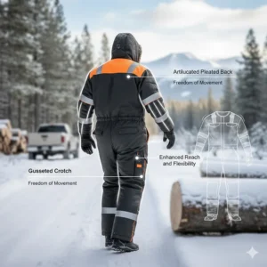 Illustration highlighting the gusseted crotch and pleated back for mobility in winter workwear.