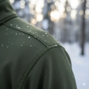 A shot detailing the flatlock seam construction for comfort and durability, preventing chafing during active hunting in the cold weather.